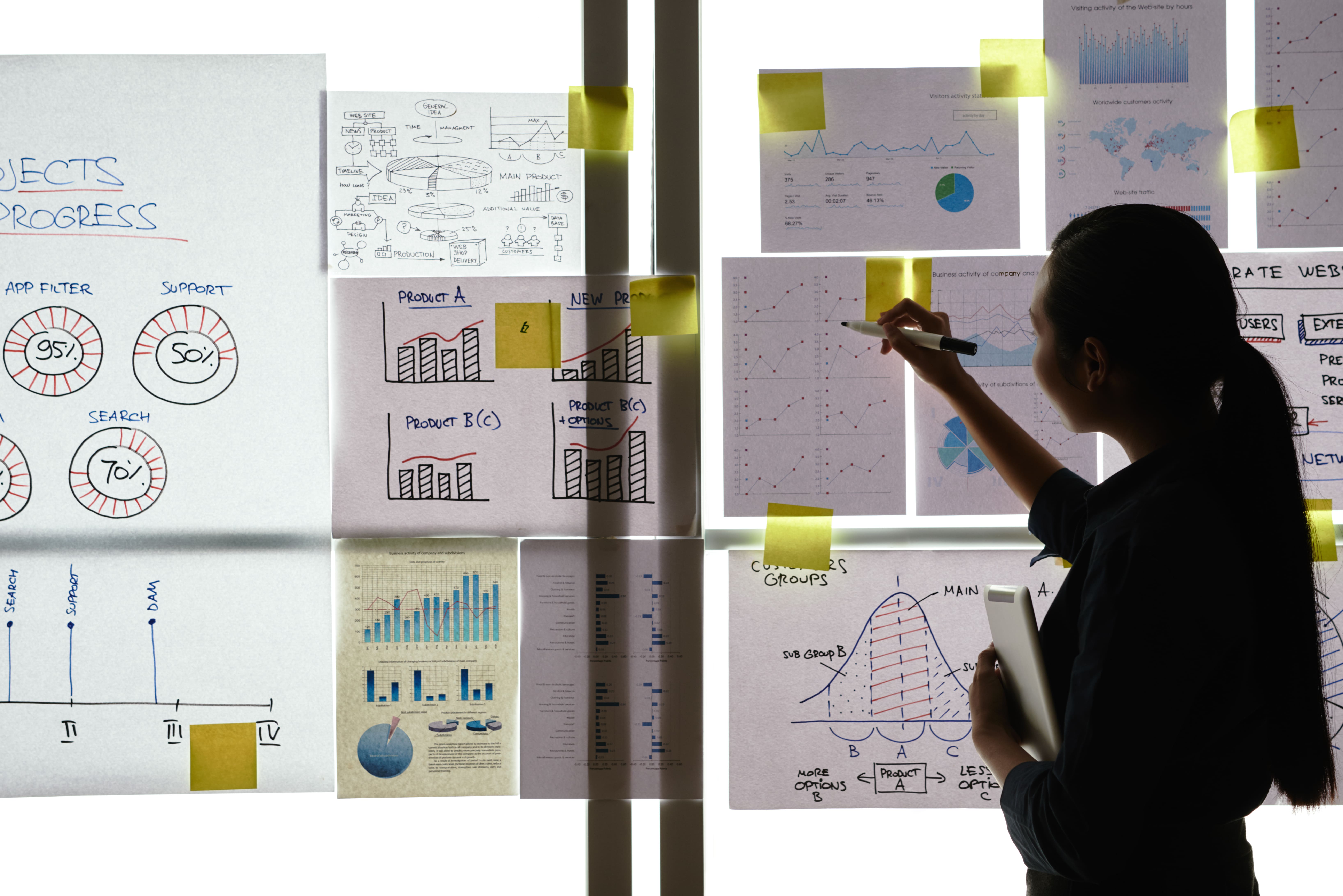 Analyst reviewing business graphs at a window