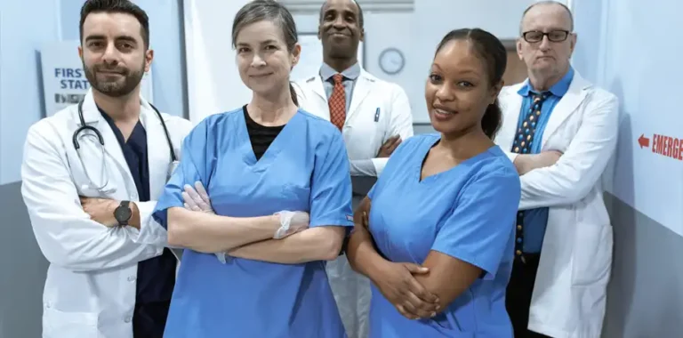 Diverse team of doctors and nurses in a hospital hallway.