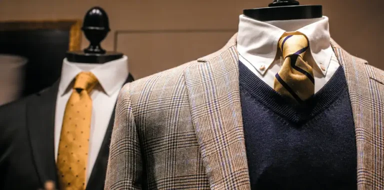 Formal mens fashion displayed on mannequins.