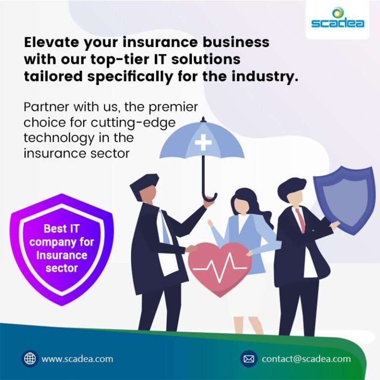 Illustration of insurance IT solutions with people and protection symbols.