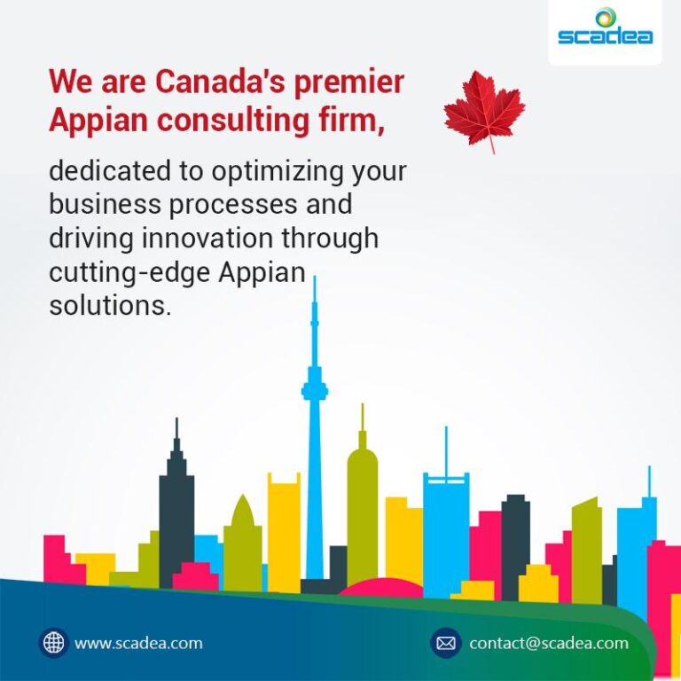Canadian Appian consulting firm Scadea advertisement with city skyline.