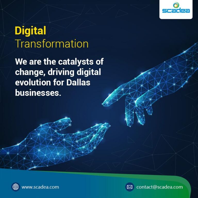 Scadea: Digital Transformation, two glowing network hands.