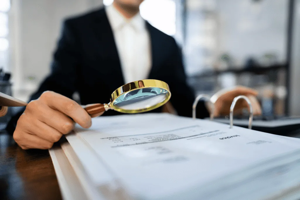 Auditor inspecting financial documents with a magnifying glass.