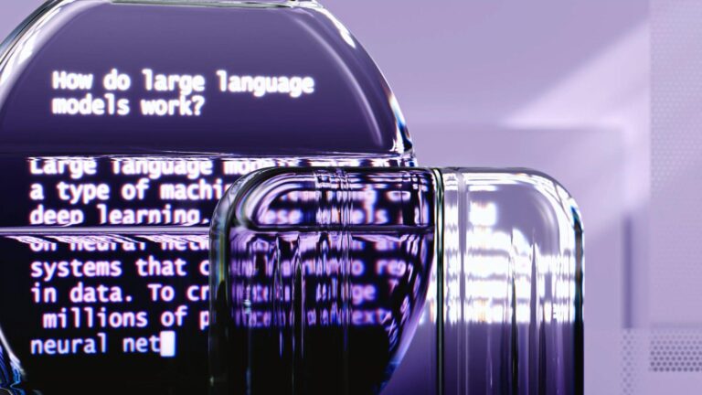 Digital text about large language models distorted by transparent objects.