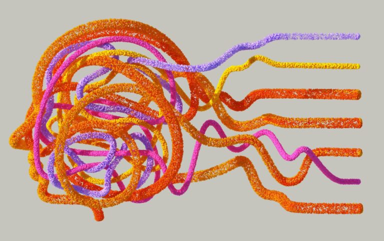 Abstract head of colorful, textured, intertwined lines flowing outwards.
