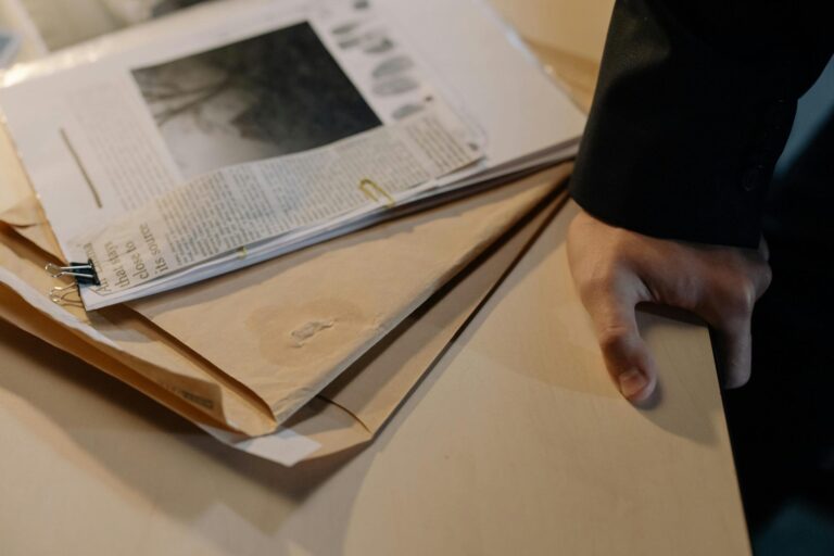 Hand on desk with stack of investigative documents.