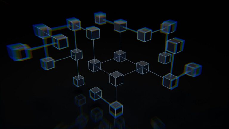 Blockchain network visualization with interconnected, prismatic cubes.