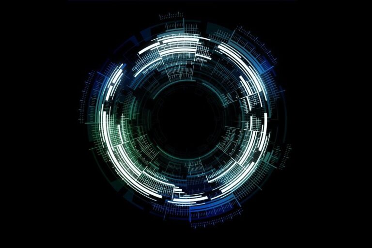 Futuristic blue-green circular data interface.