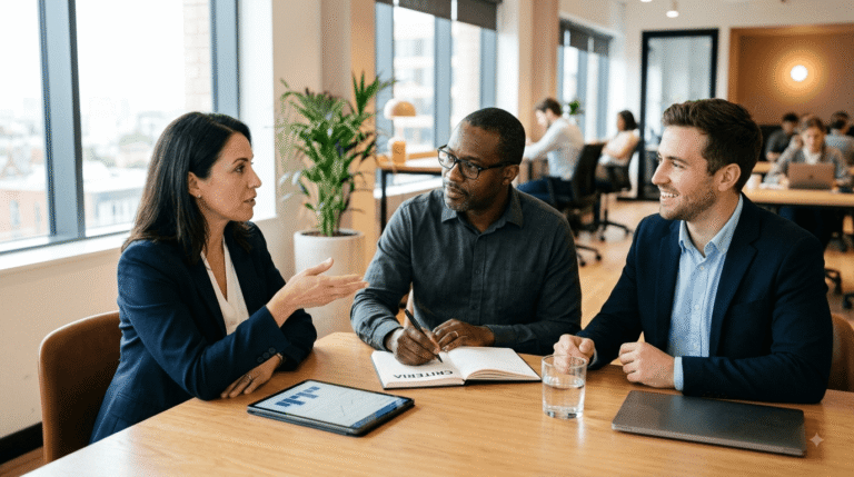 Business team reviewing a staffing partnership agreement in a meeting