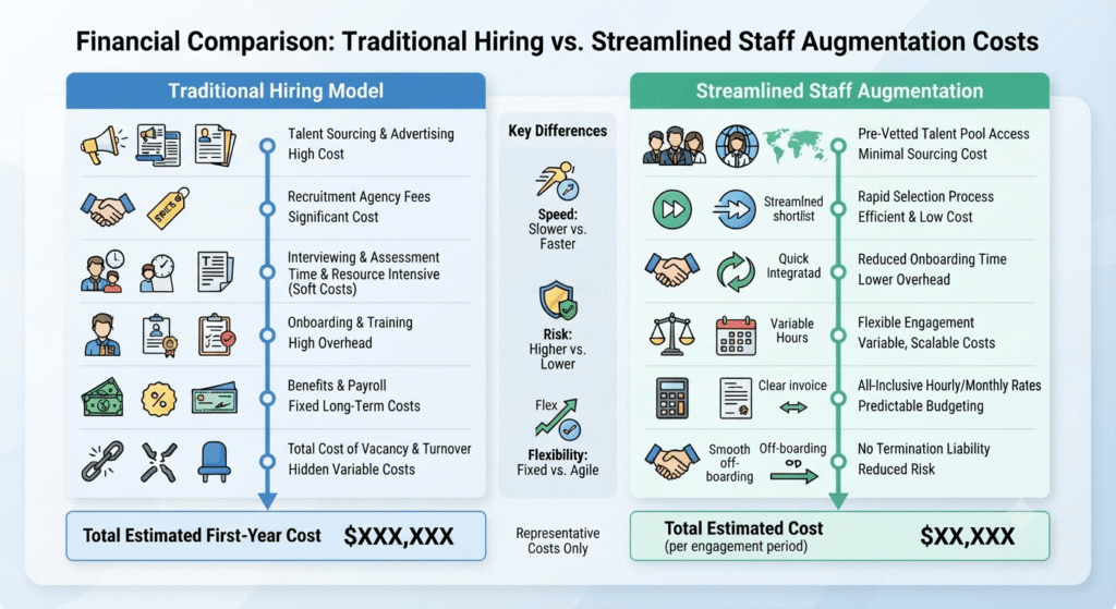 Cost comparison graphic between direct hiring overhead and IT staff augmentation