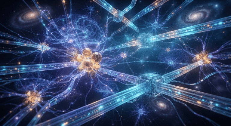 Data pipelines and neural network graphic representing specialized AI staff augmentation