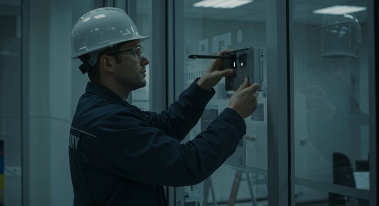 Maintenance technician in a hard hat servicing a wall-mounted industrial control unit