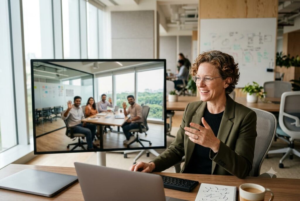 US manager on a video call with her offshore development team in India