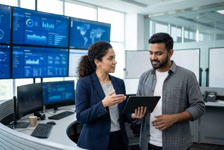 Azure cloud engineers reviewing cloud operations in a monitoring room