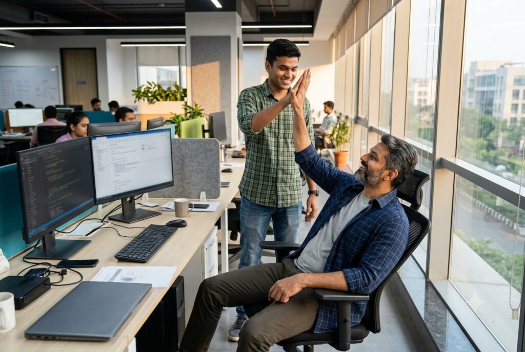 Engineers celebrating a successful .NET 10 migration