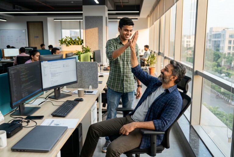 Engineers celebrating a successful .NET 10 migration