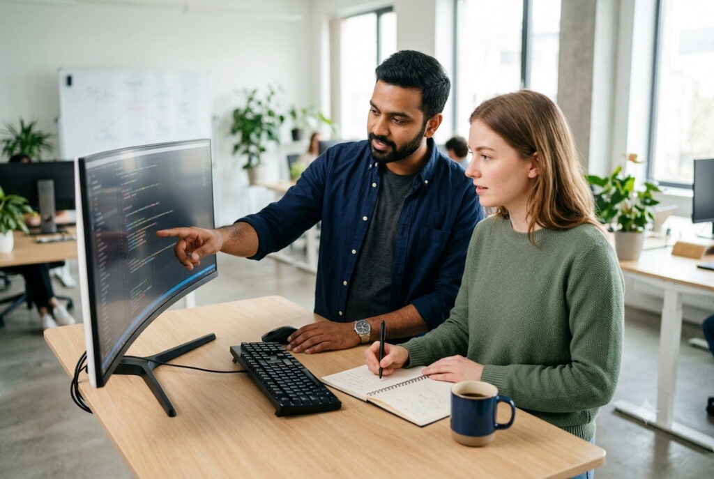 Engineers reviewing code after the company decided to hire Spring Boot developers