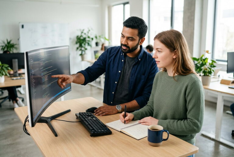 Engineers reviewing code after the company decided to hire Spring Boot developers