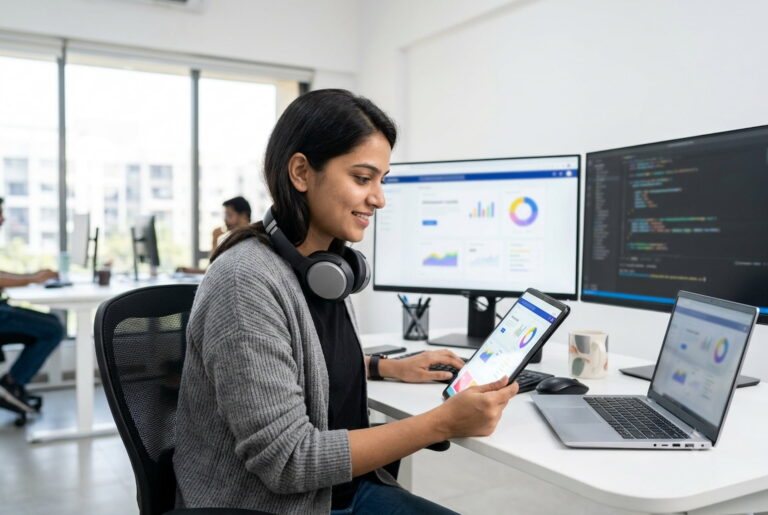 Front-end developer testing a web app, the kind of skill teams hire Angular developers for
