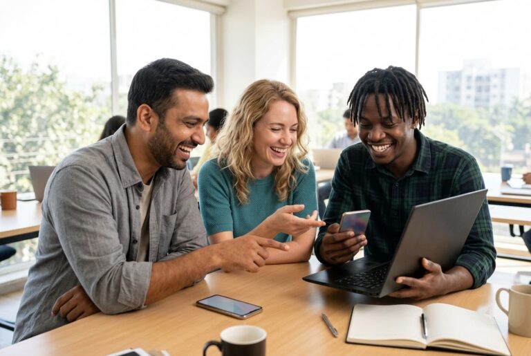 Product team reviewing a new app design after they hire React developers