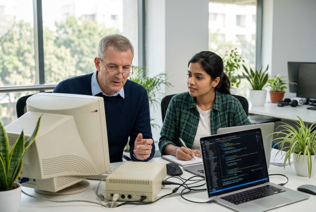 Senior and junior engineers planning a legacy modernization after they hire .NET developers