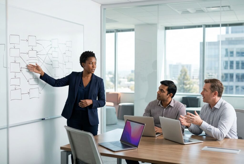 Team mapping an automated workflow after deciding to hire Appian developers