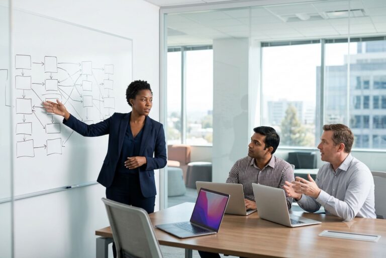 Team mapping an automated workflow after deciding to hire Appian developers