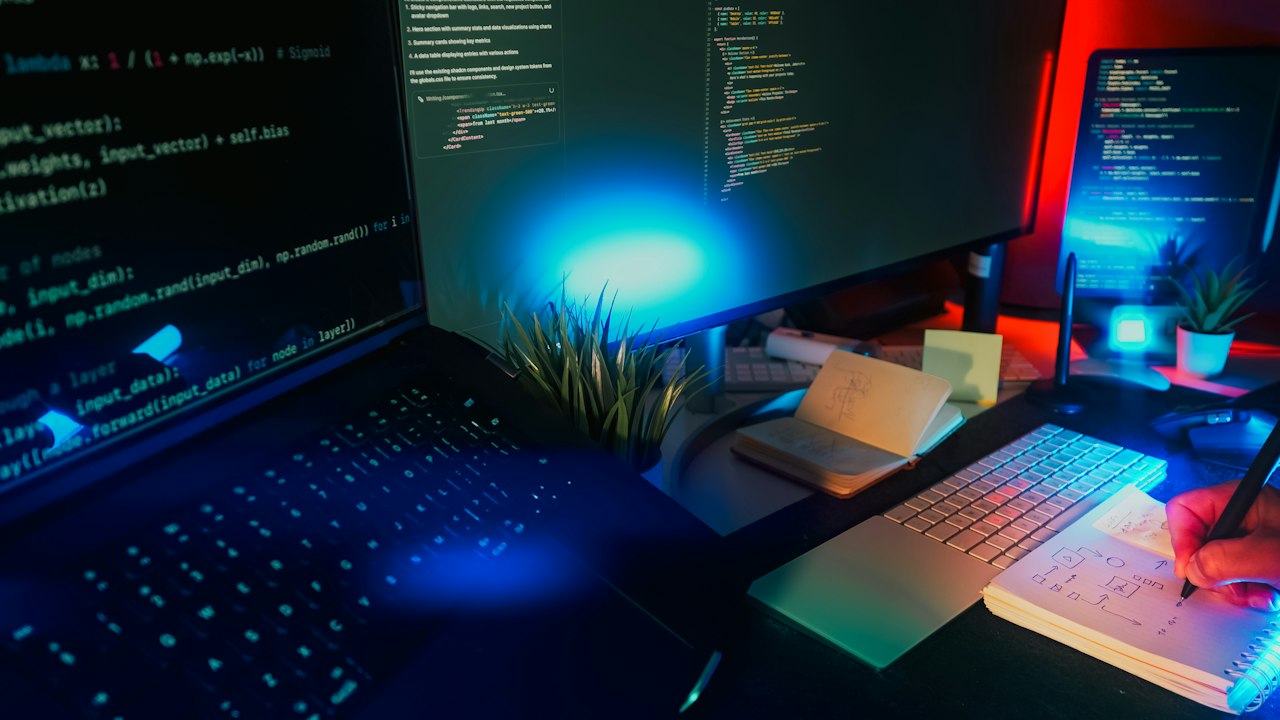 Desk with monitors showing Python code in blue and red light, and a hand sketching a diagram in a notebook